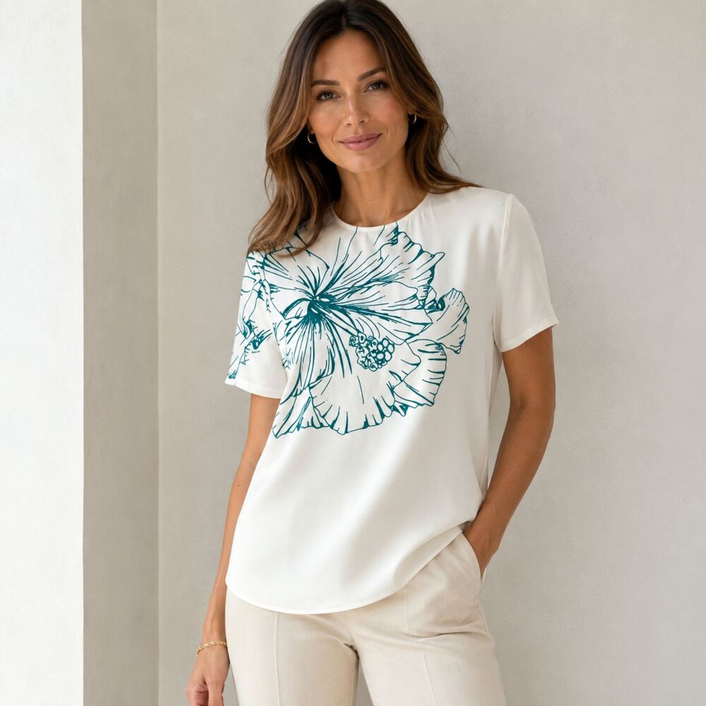 Mira Mikati White Blouse Blue Hibiscus Retail $400+ Short Sleeves Size 6